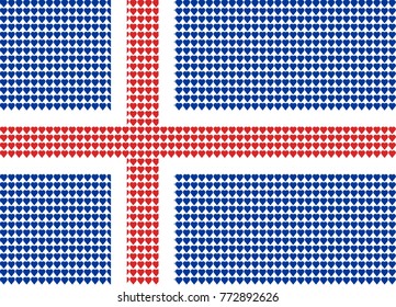 Vector illustration of an official flag of  Iceland composed of pieces of a mosaic in the form of hearts