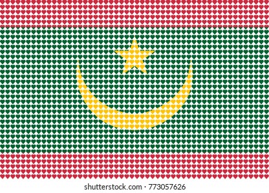 Vector illustration of an official flag of  Mauritania composed of pieces of a mosaic in the form of hearts