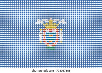 Vector illustration of an official flag of  Melilla composed of pieces of a mosaic in the form of hearts