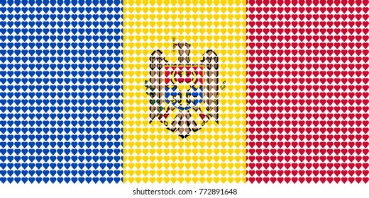 Vector illustration of an official flag of  Moldova composed of pieces of a mosaic in the form of hearts