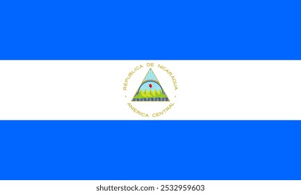 Ilustración vectorial de la bandera oficial de Nicaragua, destacando sus símbolos icónicos y orgullo nacional. Ideal para diseños centrados en la representación cultural, el patrimonio y el turismo, Imagen vibrante