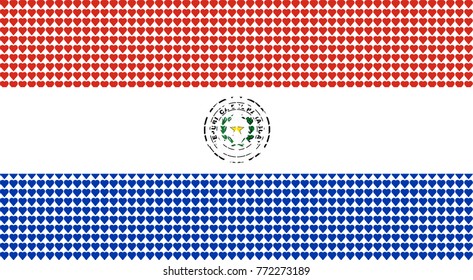 Vector illustration of an official flag of  Paraguay composed of pieces of a mosaic in the form of hearts