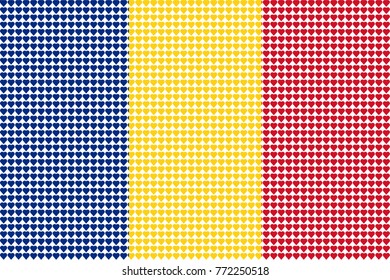 Vector illustration of an official flag of  Romania composed of pieces of a mosaic in the form of hearts
