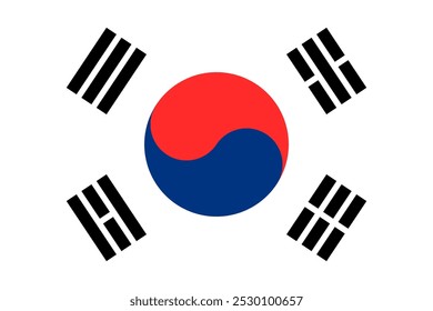 Ilustración vectorial de la bandera oficial de Corea del Sur. Presenta un símbolo de yin-yang rojo y azul con trigramas negros sobre un fondo blanco. Ideal para proyectos patrióticos, culturales y educativos