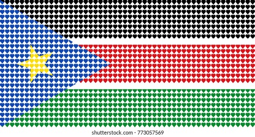 Vector illustration of an official flag of  South Sudan composed of pieces of a mosaic in the form of hearts
