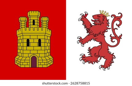Ilustração vetorial da bandeira oficial de Cáceres, Espanha. Inclui o emblema heráldico da cidade, ideal para projetos de design cívicos, culturais, históricos e regionais
