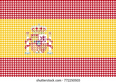Vector illustration of an official flag of  Spain composed of pieces of a mosaic in the form of hearts