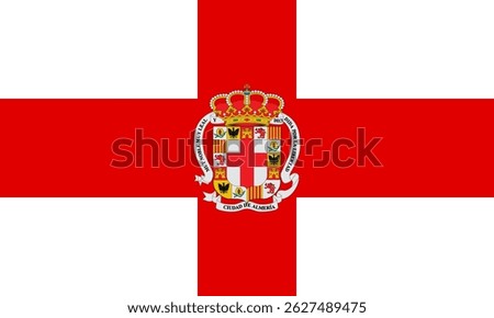 Vector illustration of the official flag of Almería, Spain. Red and white cross with coat of arms, perfect for historical, cultural, or Spanish city design projects