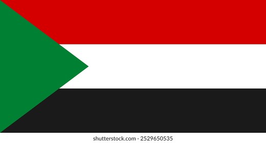 Vector illustration of the official flag of Sudan. Features a tricolor design with horizontal red, white, and black stripes, and a green triangle. Perfect for patriotic and educational projects