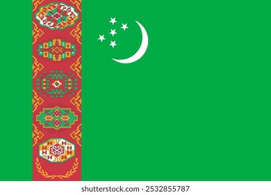 Ilustración vectorial de la bandera oficial de Turkmenistán, destacando su intrincado diseño y herencia simbólica. Perfecto para diseños centrados en el orgullo nacional, la representación cultural y el turismo