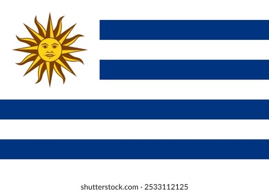 Ilustración vectorial de la bandera oficial de Uruguay, destacando sus símbolos y colores únicos. Perfecto para diseños que celebran el orgullo nacional, el patrimonio cultural y el turismo. Imagen de alta calidad