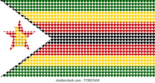 Vector illustration of an official flag of  Zimbabwe composed of pieces of a mosaic in the form of hearts