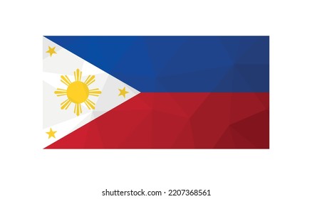 Ilustración vectorial. Símbolo oficial de Filipinas. Bandera nacional en rojo, azul, blanco con sol amarillo. Diseño creativo de bajo estilo polaco con formas triangulares. Efecto degradado