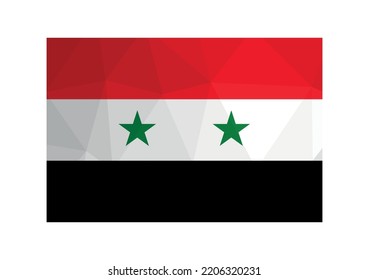 Vector illustration. Official symbol of Syria. National flag iwith red, white, black stripes and green stars. Creative design in low poly style with triangular shapes