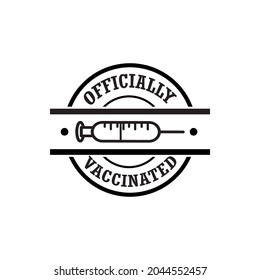 Vector illustration Officially vaccinated Covid-19 Stamp shape. Coronavirus vaccine with a syringe. Pandemic. Coronavirus Covid-19. Design, print, t-shirt, cards, wallpaper, posts, emblems, etc.