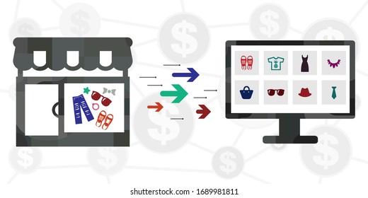 vector illustration of offline business going online with screen and internet shop visual