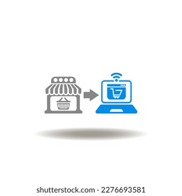 Vector illustration of offline store and arrow to laptop website. Icon of offline to online. Symbol of modernize and move to online retail and marketplace.