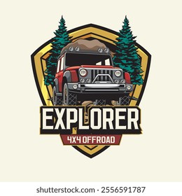 Vector Illustration of Offroad Car with Nature View in Detailed Vintage Illustration Available for Logo Badge