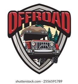 Vector Illustration of Offroad Car with Nature View in Detailed Vintage Illustration Available for Logo Badge