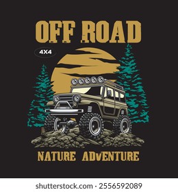 Vector Illustration of Offroad Car with Nature View in Detailed Vintage Illustration Available for Tshirt Design