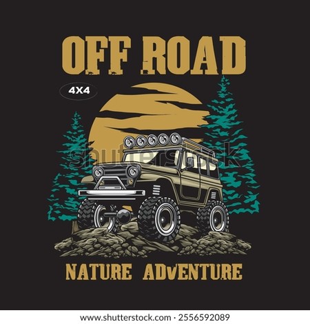 Vector Illustration of Offroad Car with Nature View in Detailed Vintage Illustration Available for Tshirt Design