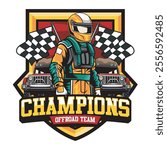 Vector Illustration of Offroad Car with Racing Flags and Rider with Detailed Vintage Illustration Available for Logo Badge