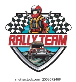 Vector Illustration of Offroad Car with Racing Flags and Rider with Detailed Vintage Illustration Available for Logo Badge