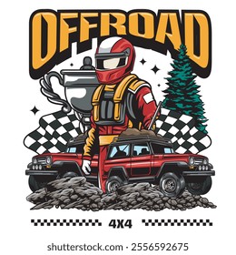 Vector Illustration of Offroad Car with Racing Flags, Trophy and Rider in Nature View with Detailed Vintage Illustration Available for Tshirt Design