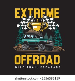 Vector Illustration of Offroad Car with Racing Flags and Trophy in Nature View with Detailed Vintage Illustration Available for Tshirt Design