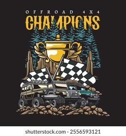 Vector Illustration of Offroad Car with Racing Flags and Trophy in Nature View with Detailed Vintage Illustration Available for Tshirt Design