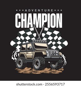 Vector Illustration of Offroad Car with Racing Flags in Detailed Vintage Illustration Available for Tshirt Design