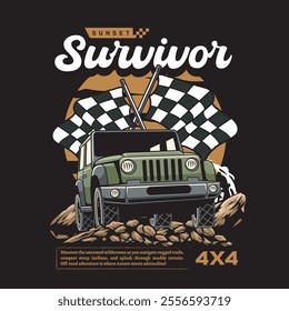 Vector Illustration of Offroad Car with Racing Flags in Detailed Vintage Illustration Available for Tshirt Design