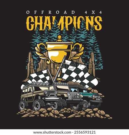 Vector Illustration of Offroad Car with Racing Flags and Trophy in Nature View with Detailed Vintage Illustration Available for Tshirt Design