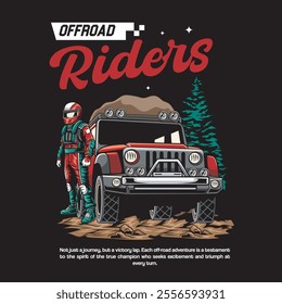 Vector Illustration of Offroad Car with Rider in Nature View with Detailed Vintage Illustration Available for Tshirt Design