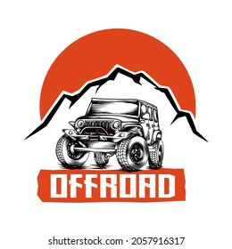 Vector illustration of Offroad car suv with the sun and mountain. template for labels, emblems, badges, logos, merchandise, printing and banner.