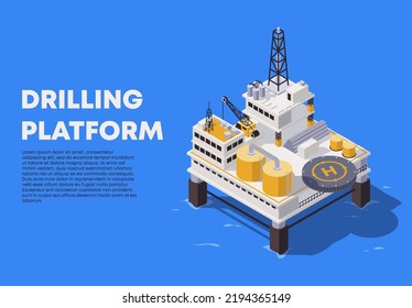 Ilustración vectorial de una plataforma de perforación en alta mar para el gas y el petróleo en alta mar sobre el agua en isometría