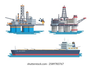 Vector Illustration of Offshore Oil Rig Bundle with Tanker Ship, Flat Style Design and Fully Editable