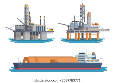 Vector Illustration of Offshore Oil Rig Bundle with Tanker Ship, Flat Style Design and Fully Editable