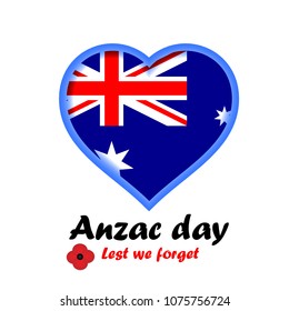 Vector illustration ofheart shape with Australia flag with bright poppy flower on around. Remembrance day symbol. Lest we forget lettering. Anzac day lettering.
