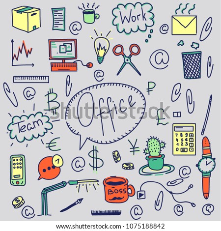 Vector illustration. Ofice set with stationery in color.