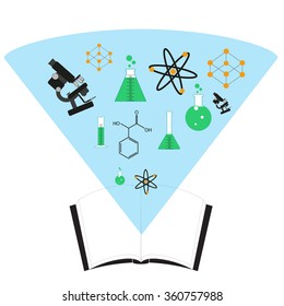 vector illustration ofscience book icon. book with holographic cloud inclusive sience symbols 