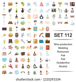 Vector illustration ofwine, production, wedding, restaurant, pub oktoberfest alcohol icon set.