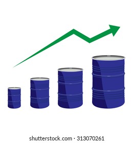 Vector illustration of oil barrel chart graph with green arrow pointing up. Oil and diesel price chart