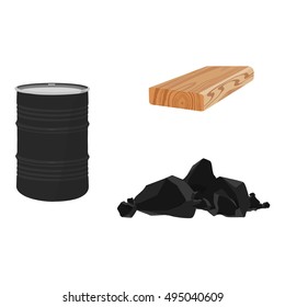 Vector illustration oil barrel, coal and wood plank icon set. Energy and industry symbols. Resource