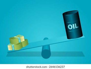 Ilustração vetorial de um barril de petróleo e pilhas de dinheiro colocadas em extremidades opostas de uma gangorra, simbolizando a flutuação dos preços do petróleo e seu impacto na economia.