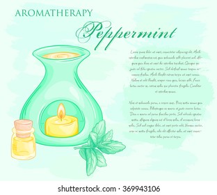 vector illustration of oil burner with peppermint brunch and essential oil