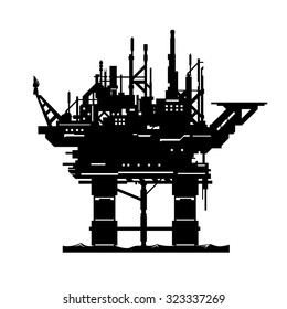 A vector illustration of a oil drilling rig silhouette.
Oil rig icon illustration.
Black oil platform at sea icon with helicopter pad.