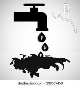 Vector illustration. Oil dripping from a faucet and forms a puddle. Oil slick like a silhouette map of the Russian Federation. Sign of the Russian ruble in a drop of oil. Exchange rate ruble.