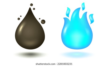 Ilustración vectorial de la caída de aceite y el fuego del gas en estilo 3D. Icono vector de caída de petróleo y fuego azul en un estilo realista.