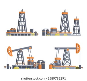 Vector Illustration of Oil extraction platform or Oil Drilling Rig Collection. Fully editable vector element